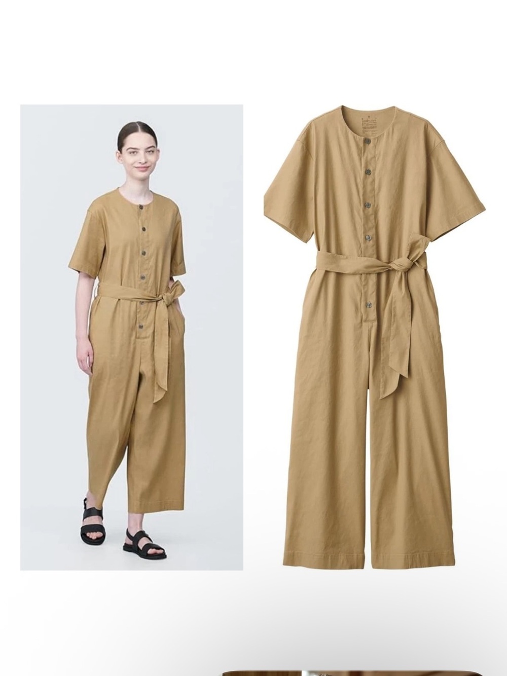 MUJI Womens Hemp Blend Stretch
 Jumpsuit with Tie Belt